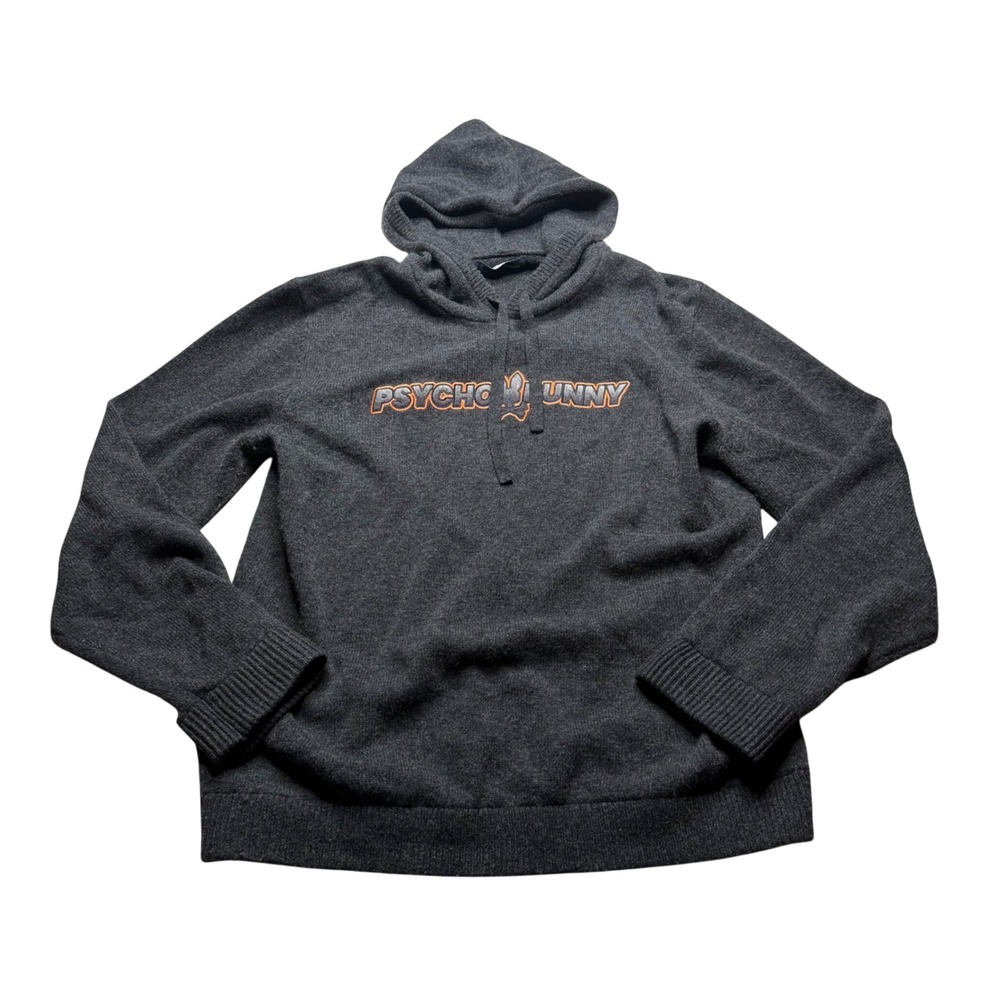 PSYCHO BUNNY San Luis Hooded Sweater Charcoal Gray Wool Logo‎ Men's Size XL Soft
